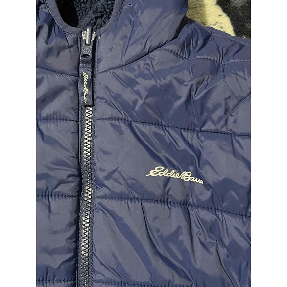 Eddie Bauer Jacket Youth Medium 10/12 Blue Colorblock Hooded Reversible Puffer - Picture 3 of 7